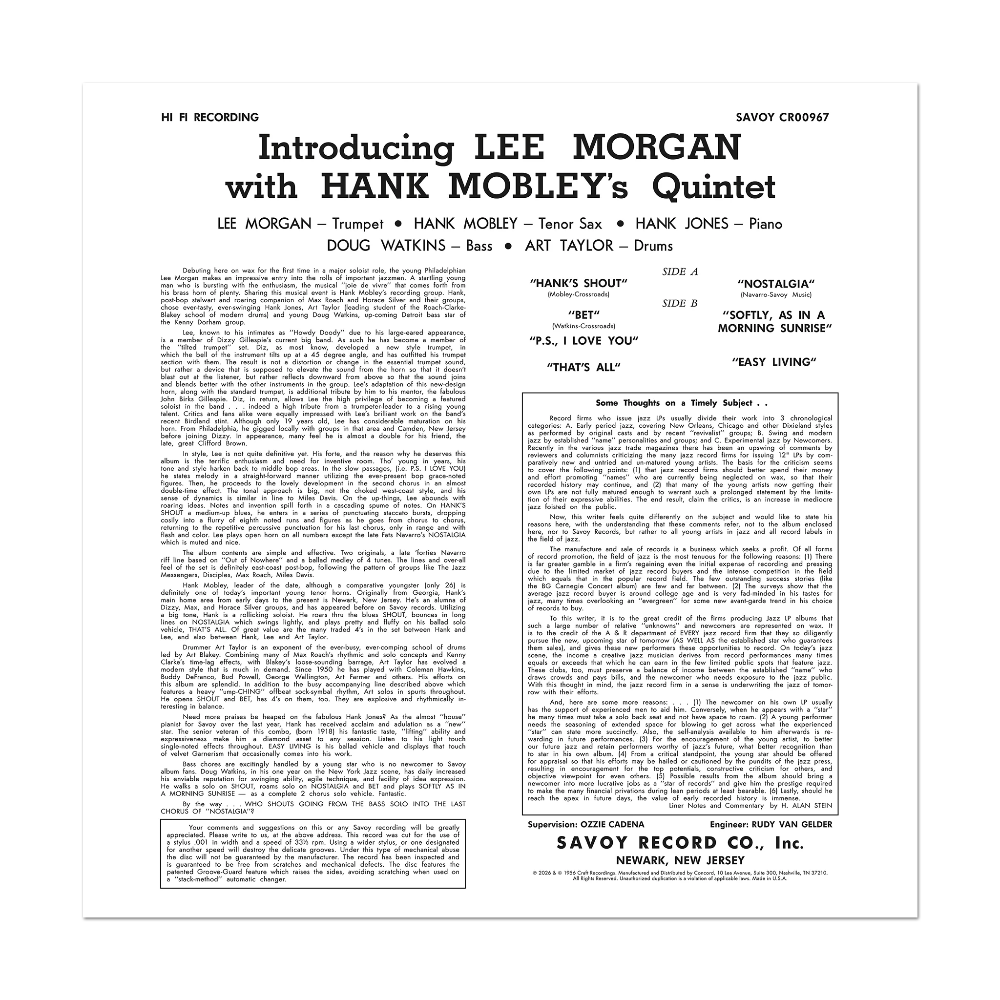 Lee Morgan - Introducing Lee Morgan 1LP - Back Cover